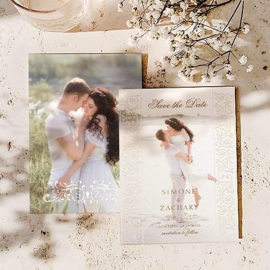 Chique Ecru Bloemwerk Foto Trouw Save the Date