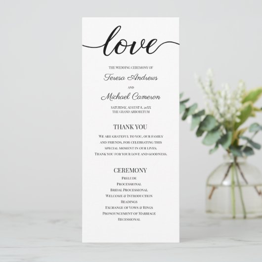 Chique Eenvoudig Zwart-Wit Huwelijk Liefde Script Programma (Staand voorkant)