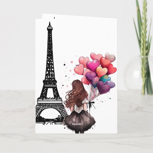 Chique Eiffeltoren, Meisje, Hartballonnen Verjaard Kaart (Achterkant)