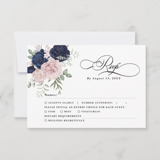 Chique Elegant Blush Navy Blauw Bruiloft RSVP Kaartje (Voorkant)