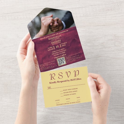 Chique Elegant Donker Bourgogne Goud Accent RSVP All In One Uitnodiging (Afscheurbaar)