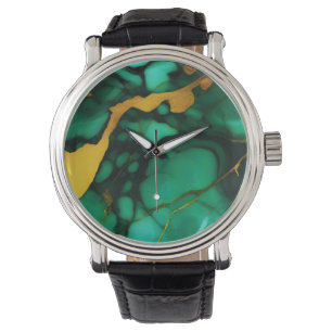 Chique Elegant donkergroen goudgeel Faux Marble Horloge
