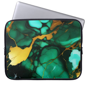Chique Elegant donkergroen goudgeel Faux Marble Laptop Sleeve