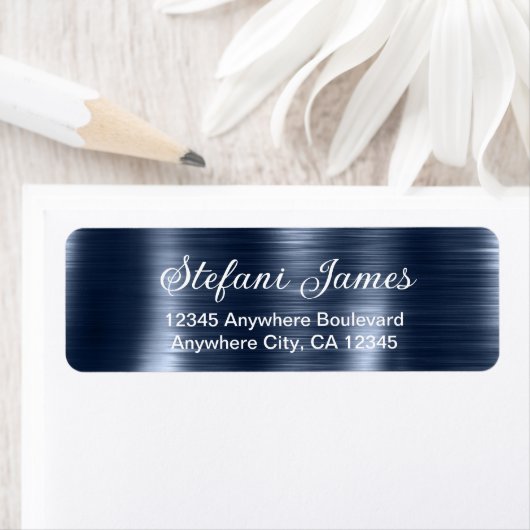 Chique Elegant Script Metallic Blue Navy Label (Insitu)