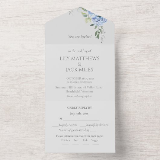 Chique Elegante Blauwe Periwinkle Hydrangea Bloeme All In One Uitnodiging (Binnen)