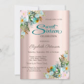 Chique Elegante Bloemen Roze Goud Sweet 16 Kaart (Voorkant)