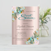 Chique Elegante Bloemen Roze Goud Sweet 16 Kaart (Staand voorkant)