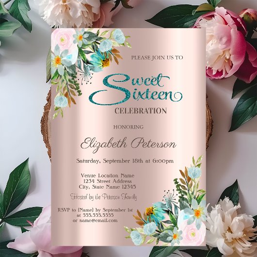 Chique Elegante Bloemen Roze Goud Sweet 16 Kaart