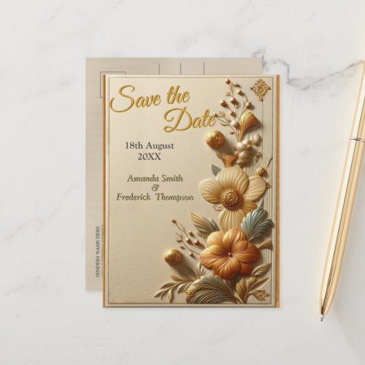 Chique, elegante crèmes & lederen bloem textuur lo aankondigingskaart (Voorkant / Achterkant in situ)