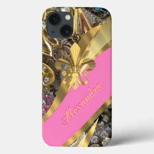 Chique elegante gouden en roze bling gepersonalise iPhone 13 hoesje