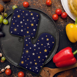 Chique Elegante Gouden Zilveren Sterren Navyblauw  Ovenwant & Pannenlap Set