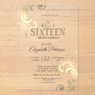 Chique Elegante Krullen Gouden Tiara Sweet 16 Acryl Uitnodigingen
