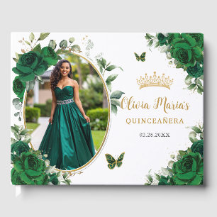 Chique Emerald Groen Bloemen Goud Quinceanera Foto Gastenboek