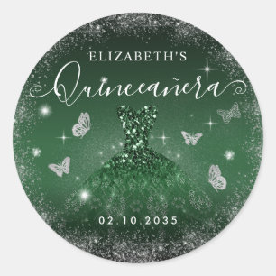 Chique Emerald Groen Zilver Glitter Gown Quinceañe Ronde Sticker