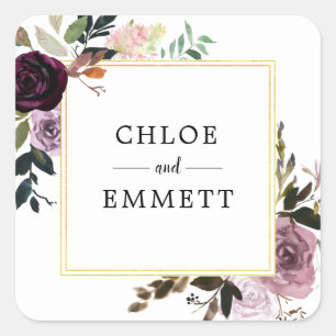 Chique en Elegant Custom Paarse Bloemen Bruiloft Vierkante Sticker