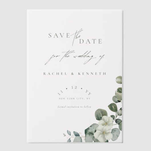 Chique Eucalyptus groen bruiloft Save the Date Vellum Uitnodigingen (Voorkant)
