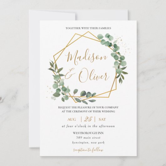 Chique Eucalyptus groen goud geometrische bruiloft Kaart (Voorkant)