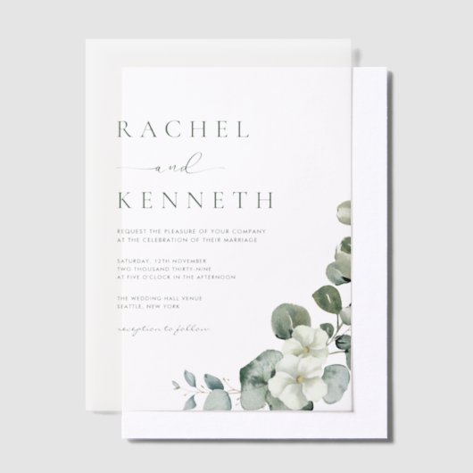 Chique eucalyptusgroen laat minimalistische bruilo vellum uitnodigingen (Offset)