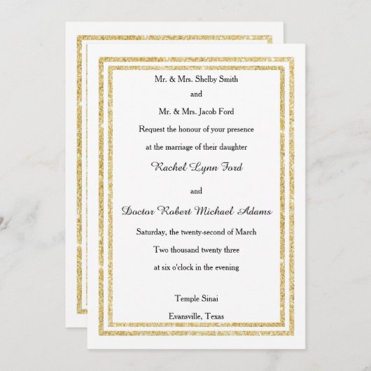 Chique Faux Gold Glittered Trim - 5x7 bruiloft uit Kaart (Voorkant / Achterkant)