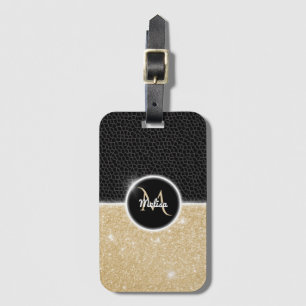 Chique faux gouden glitter zwart leer monogram bagagelabel