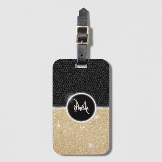 Chique faux gouden glitter zwart leer monogram bagagelabel (Voorkant (verticaal))