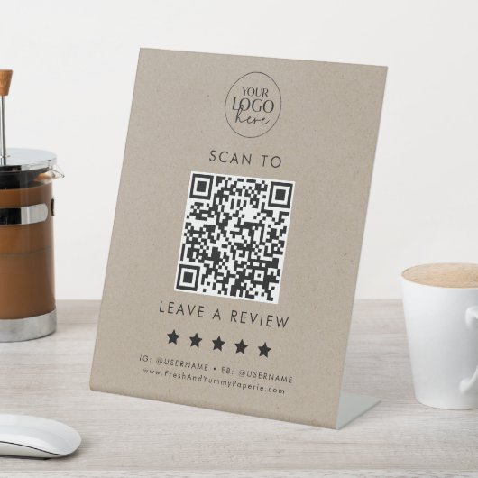 Chique Faux Kraft Logo QR Code Laat een Review Reclamebord Met Voetstuk (Insitu)