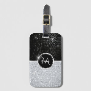 Chique faux zilver glitter zwart glitter monogram bagagelabel