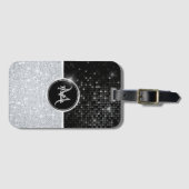 Chique faux zilver glitter zwart glitter monogram bagagelabel (Voorkant (horizontaal))