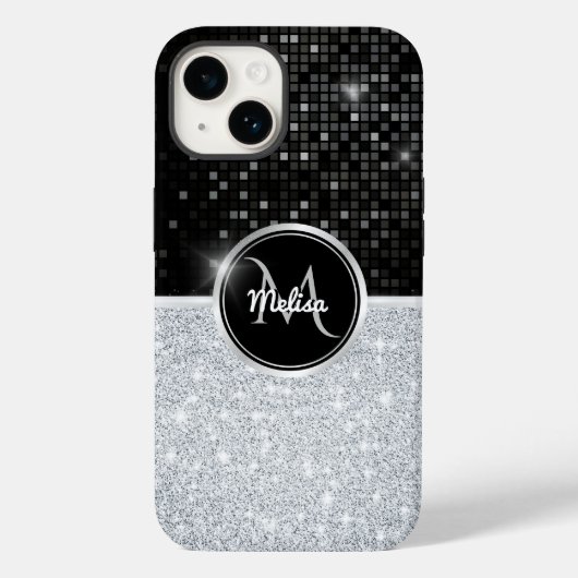 Chique faux zilver glitter zwart glitter monogram Case-Mate iPhone case (Achterkant)