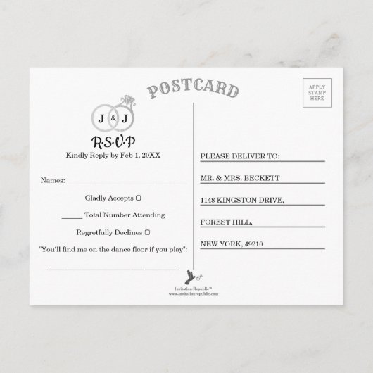 Chique Faux Zilveren Folie Monogram Trouwringen RS Uitnodiging Briefkaart (Achterkant)