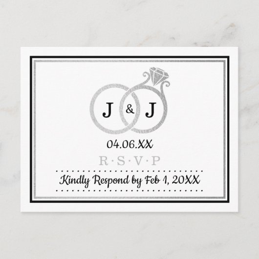 Chique Faux Zilveren Folie Monogram Trouwringen RS Uitnodiging Briefkaart (Voorkant)