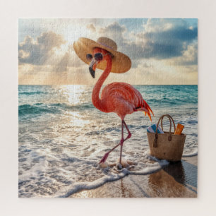 Chique Flamingo met Zonnehoed en Zonnebril Legpuzzel
