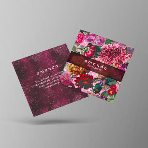 Chique florale roze Bourgogne paarse glitter monog Vierkante Visitekaartje