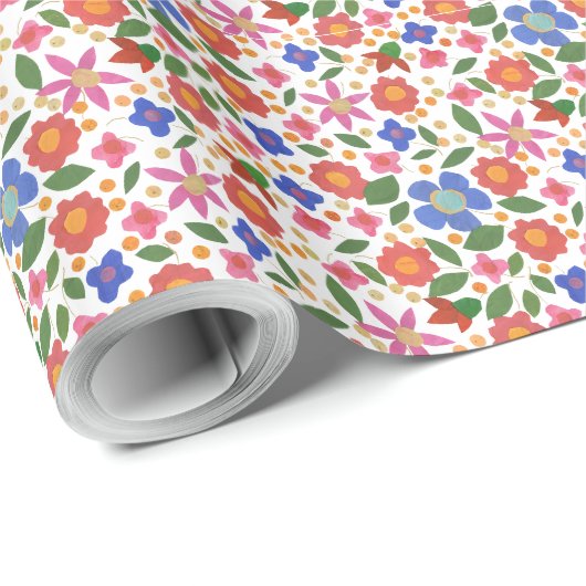 Chique Folk Art Stijl Bloemen op Wit Inpakpapier (Rol Hoek)