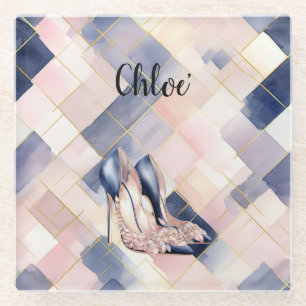 Chique Franse Blauwe Crème Blush Hoge Hakken Glazen Onderzetter