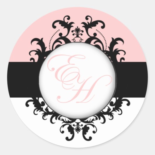 Chique Franse Monogrammen Damask Roze Etiketten (Voorkant)