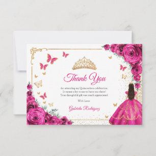 Chique Fuchsia Roze Rozen Gouden Quinceanera Bedankkaart