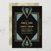 Chique Gatsby Art Deco Blauw & Goud Rehearsal Dinn Kaart (Voorkant / Achterkant)