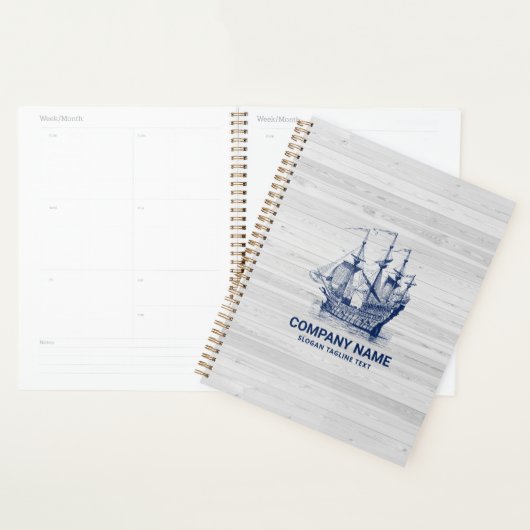 Chique gebleekt hout & marineblauw windzeilboot planner (Display)