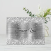 Chique geborsteld metaal zilveren namaak glitte bedankkaart (Staand voorkant)