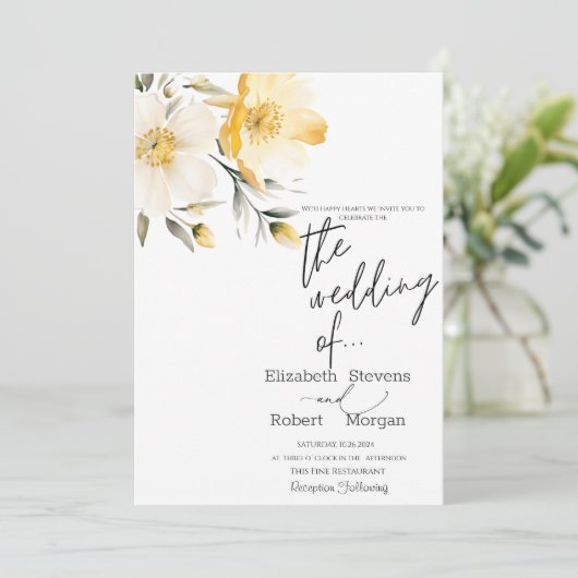Chique gele bloemen bruiloft uitnodiging (Staand voorkant)