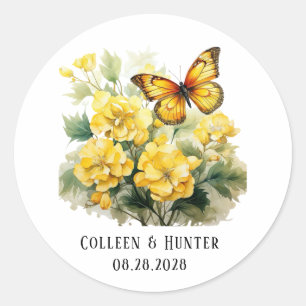 Chique gele hortensia vlinder bruiloft ronde sticker