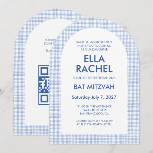 Chique Gingham Moderne Aangepaste QR Bar/Bat Mitzv Kaart