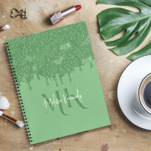 Chique Girly Groene Glitter Drips Monogram Met Naa Notitieboek