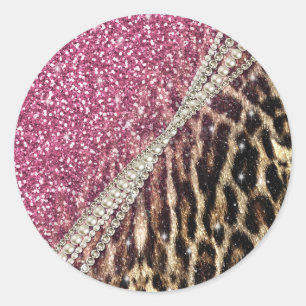 Chique Girly Leopard Print Roze Glitter Ronde Sticker