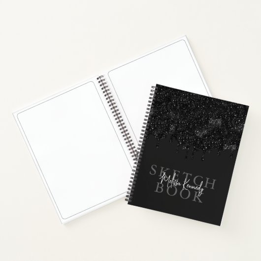 Chique Girly Zwart Glitter Drips Monogram Schetsbo Notitieboek (Binnen)