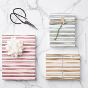 Chique glam roze, munt, goud, witte strepen inpakpapier vel