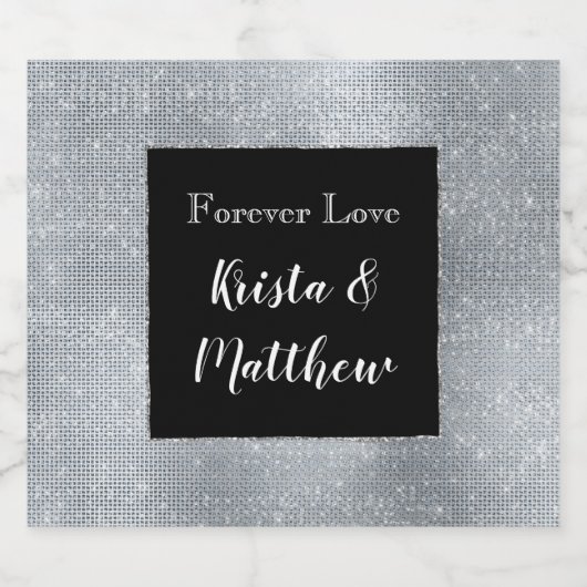 Chique Glam Silver Sparkle en Zwart Sparkling Wijnetiket (Enkel label)