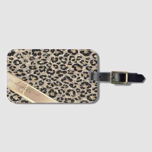 Chique glitters luipaard motief met monogram      bagagelabel (Voorkant (horizontaal))