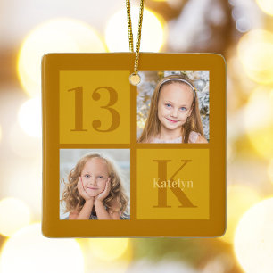 Chique Gold 2 Fotocollage Custom Verjaardagsfeest Keramisch Ornament